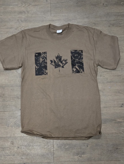 Distressed Canadian Flag T shirt Black on Coyote brown Small